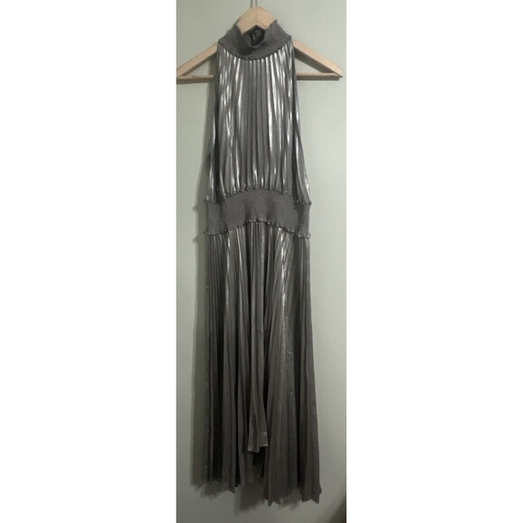 A.L.C Weston Pleated Midi Cocktail Dress Sz 8 Silver Metallic Sleeveless - Picture 3 of 11